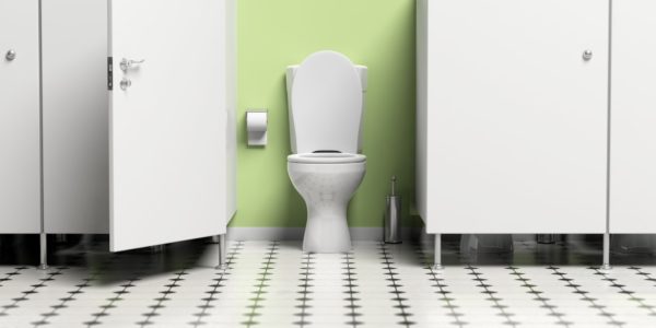 Water closet with open door and white toilet bowl. 3d illustration